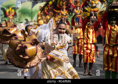 Iloilo City, Philippines. 27th Jan, 2019. The culmination of Dinagyang, one of the most vibrant annual street dancing festivals in the Philippines took place on Sunday with ten of the best Ati Tribes taking part in the spectacular showdown. Some contingent groups numbered up to 350 participants which included drummers props people and dancers. Credit: imagegallery2/Alamy Live News Stock Photo