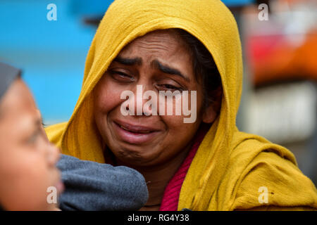 January 22, 2019 - Tripura, India, 22 January 2018. 31 Rohingya who were stranded on the India-Bangladesh border for three days, are held at the Amtali Police Station after they were arrested by Indian Border Security Force (BSF) and handed over to the Tripura Police on Tuesday. The Rohingya were detained by the Bangladeshi Border Guards in no-man's land, between the international borders of India and Bangladesh along West Tripura district as both countries refused to accept them, until Tuesday morning when BSF agreed to arrest them and to hand them over to the police, ending a standoff with t Stock Photo