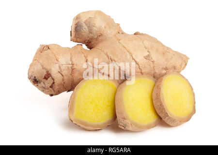 fresh Ginger root and slice isolated on white background. Stock Photo