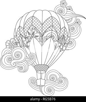 hot air balloon in zentangle inspired doodle style isolated on white. Coloring book page for adult and older children. Stock Vector