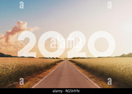 empty, straight road heading towards new year 2020 - happy new year concept, Stock Photo