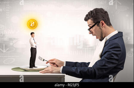 Giant businessman eating small man with financial background  Stock Photo