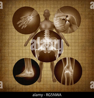 Human painful joints and anatomy concept as body pain and injury or arthritis illness symbol for health care and medical symptoms due to aging. Stock Photo