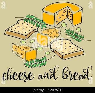 illustration with cheese bread olives and greenery hand drawing Stock Vector