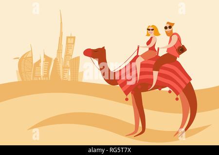 Tourists couple camel riders in the desert on the Dubai city background vector illustration. Man and woman sit on the camel back and smile. Stock Vector