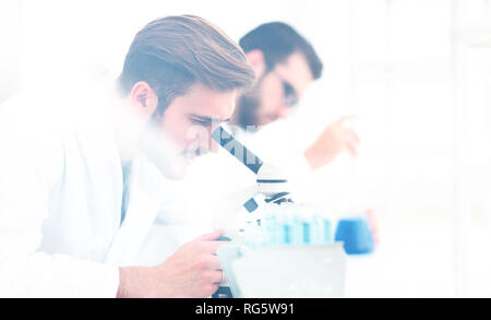 Serious clinician studying chemical element in laboratory Stock Photo
