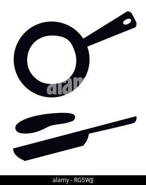 Black silhouettes. Flying pancakes and frying pan. Flat vector illustration isolated on white background. Breakfast icon. Stock Vector