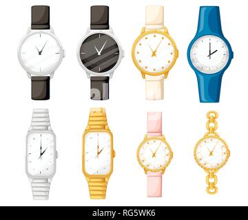 Set of different style and color wrist watches. Man and women watches collection. Flat vector illustration isolated on white background. Stock Vector