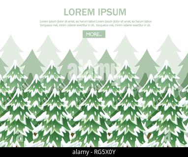 Green spruce landscape. Collection of green spruce trees. Evergreen flat style. Christmas tree in the snow. Vector illustration on white background. Stock Vector