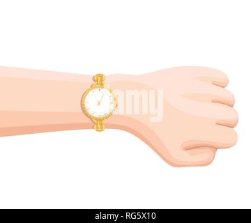 Golden wrist watch with golden strap on hand. Time on wristwatch. Cartoon flat vector illustration isolated on white background. Stock Vector