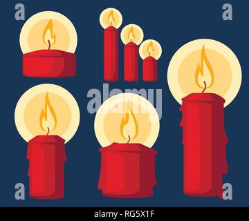 Candle icon set. Collection of Red Christmas candle, burning wax candle. Flat vector illustration on dark blue background. Stock Vector