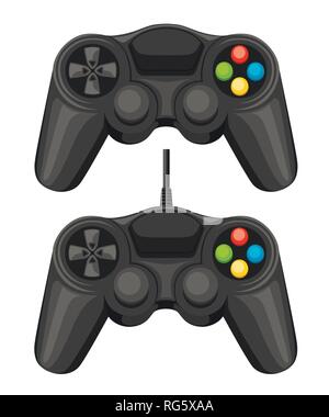 Wired and wireless game pad. Black video game controller. Gamepad for PC or Console gaming. Flat vector illustration isolated on white background. Stock Vector