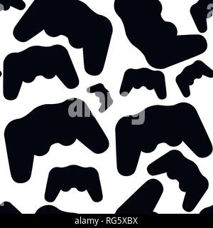 Black silhouette. Seamless pattern. Black video game controller. Gamepad for PC or Console gaming. Flat vector illustration on white background. Stock Vector