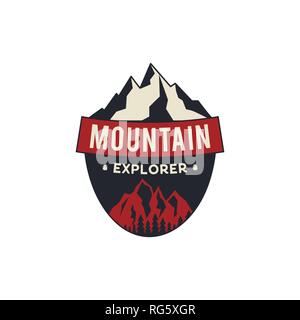 Mountain Explorer Badge. Camping adventure emblem in retro colors style. Featuring mountains and forest. Travel logo, patch. Stock vector wanderlust Stock Vector