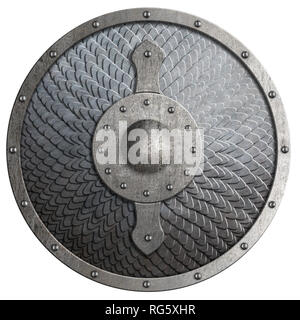 Round rustic metal shield covered by scales isolated 3d illustration Stock Photo