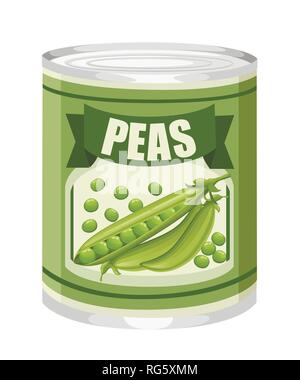 Green peas in aluminum can. Canned food with peas logo. Product for supermarket and shop. Flat vector illustration isolated on white background. Stock Vector