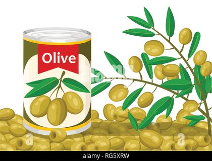 Olive in aluminum can. Canned olive with branch logo. Product for supermarket and shop. Flat vector illustration on white background. Stock Vector