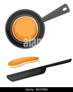 Flying pancakes and frying pan. Flat vector illustration isolated on white background. Breakfast icon. Stock Vector