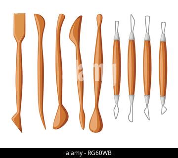 Collection of sculpting tools. Set of clay modeling instrument. Wood and metal material. Flat vector illustration isolated on white background. Stock Vector