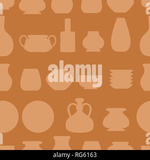 Seamless pattern. Set of clay crockery. Kitchenware dishes - plates, jugs, pots. Brown clay. Flat vector illustration on brown background. Stock Vector