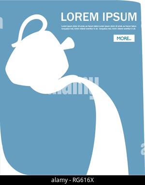 White teapot silhouette pouring tea. Flat vector illustration. Concept of tea party web site design. Mobile app with button and place for text. Stock Vector