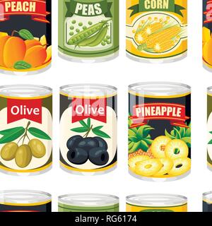 Seamless pattern. Food in aluminum can. Canned fruits and olives. Product for supermarket and shop. Flat vector illustration isolated on background. Stock Vector