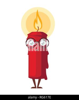 Burning red candle, cartoon character design. Mascot with eyeglasses. Flat vector illustration isolated on white background. Stock Vector