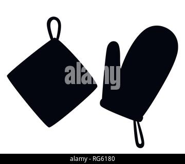Black silhouette. Potholder and oven mitt. Protective fabric tissue cloth with square pattern. Flat vector illustration isolated on white background. Stock Vector