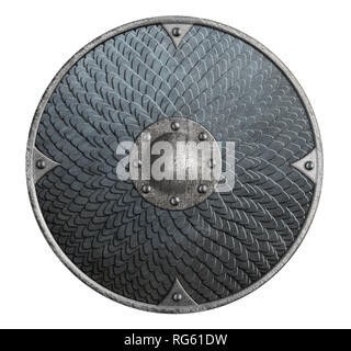 Round rustic metal shield covered by scales isolated 3d illustration Stock Photo