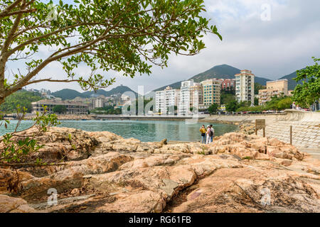 Views over Stanley Bay and waterfront promenade of Stanley, Hong Kong Stock Photo