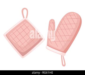 Potholder and oven mitt pink color. Protective fabric tissue cloth with square pattern. Flat vector illustration isolated on white background. Stock Vector