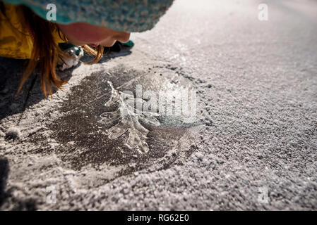 Girl looking at a frozen leaf print in the ice, United States Stock Photo