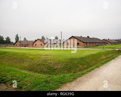 Auschwitz-Birkenau, Poland - August 1, 2017: Barracks for prisoners inside the prison camp Stock Photo