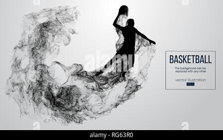 Abstract silhouette of a basketball player on white background from particles, dust, smoke, steam. Basketball player jumping and performs slam dunk. B Stock Vector