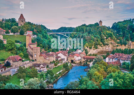 Aerial panorama of old town of Swiss medieval Fribourg city, Switzerland Stock Photo
