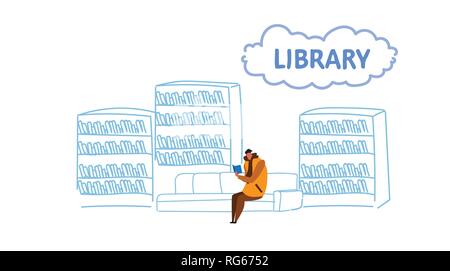 casual man sitting on couch in library student reads book education knowledge concept bookshelf reading room interior male character full length Stock Vector