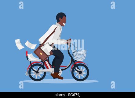 postman cycling bicycle with letter envelopes postal service delivery concept african american deliver riding bike male cartoon character full length Stock Vector