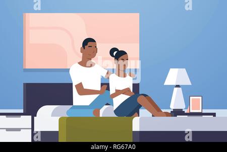 upset disappointed girlfriend feels offended african american couple sitting in bed worried bad relationship problem concept modern bedroom interior Stock Vector