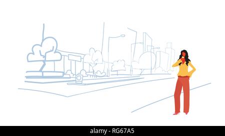 elegant woman drinking coffee businesswoman standing outdoor modern city street skyscraper buildings view cityscape sketch doodle full length Stock Vector