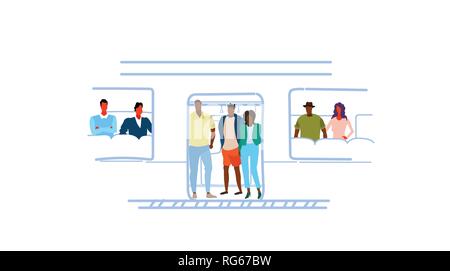 mix race people passengers in train subway car city public transport underground tram rash hour concept sketch doodle male female cartoon characters Stock Vector