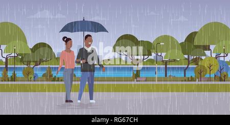 lovers couple under umbrella african american man woman romantic walking in rain city urban park landscape background full length characters flat Stock Vector