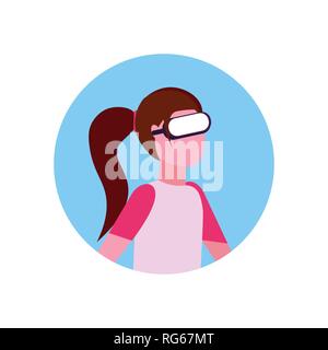 woman wearing vr glasses girl face avatar in virtual reality googles digital technology vision concept female cartoon character portrait flat isolated Stock Vector