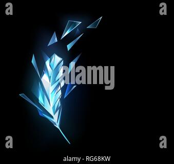 Polygonal, sparkling feather from blue transparent ice on dark background. Stock Vector