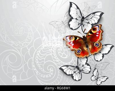 Red, realistic, textured butterfly peacock eye with white butterflies on gray patterned background. Stock Vector