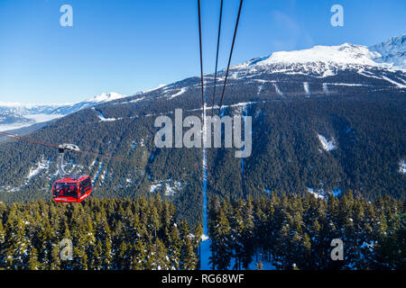 WHISTLER, BC, CANADA - JAN 14, 2019: The Peak 2 Peak connects Blackcomb and Whistler and is the longest free span gondola in the world. Stock Photo