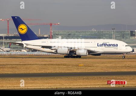 Frankfurt, Germany - October 16, 2018: Lufthansa Airbus A380 airplane at Frankfurt airport (FRA) in Germany. | usage worldwide Stock Photo