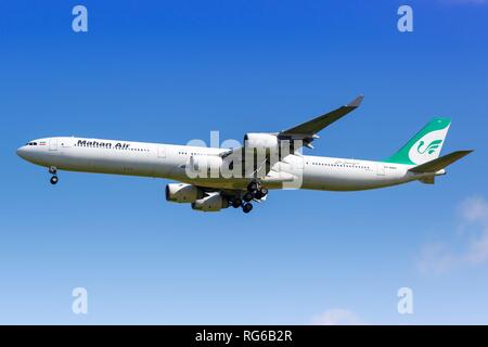 Paris, France - August 17, 2018: Mahan Air Airbus A340 airplane at Paris Charles de Gaulles airport (CDG) in France. | usage worldwide Stock Photo