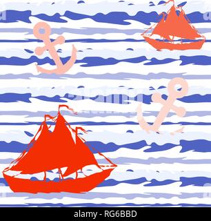 Marine striped seamless pattern with ships and anchors. Vector eps 10 Stock Vector