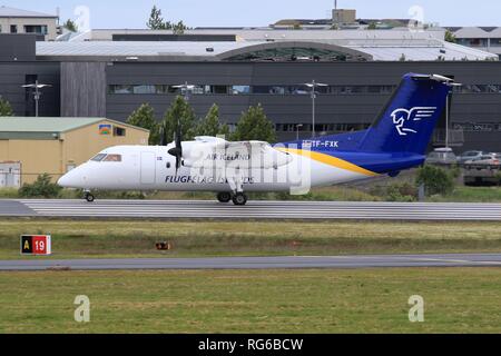 Reykjavik, Iceland – July 5, 2017: Flugfelag Islands Air Iceland Bombardier DHC-8-200 airplane at Reykjavik airport (RKV) in Iceland. | usage worldwide Stock Photo