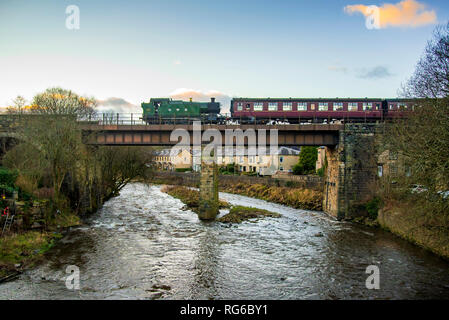 GWR tank engine on the East Lancashire railway. Brooksbottom viaduct river Irwell. Stock Photo